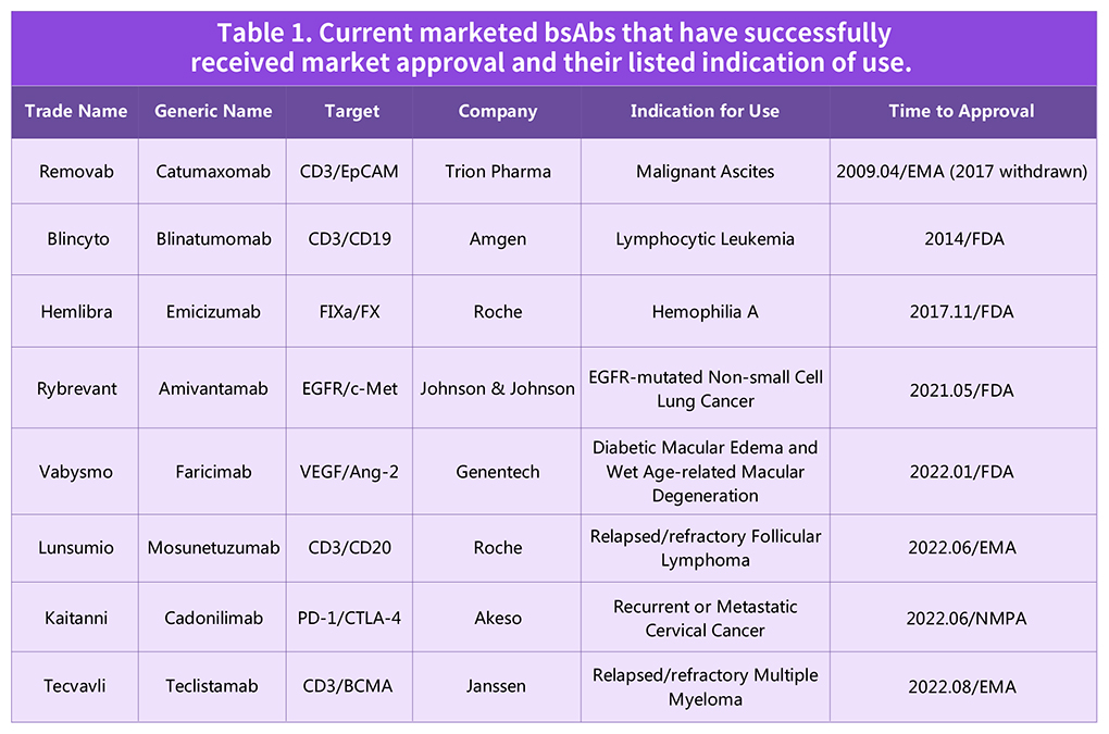 Current marketed bsAbs that have successfully received market approval and their listed indication of use